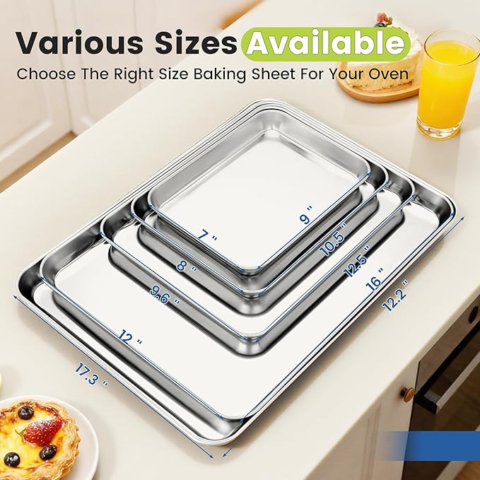 6 Pack Stainless Steel Baking Sheet Pans, 12.5" L × 9.6" W × 1" H Cookie Sheets for Toaster Oven, Rust-Resistant, Dishwasher Safe