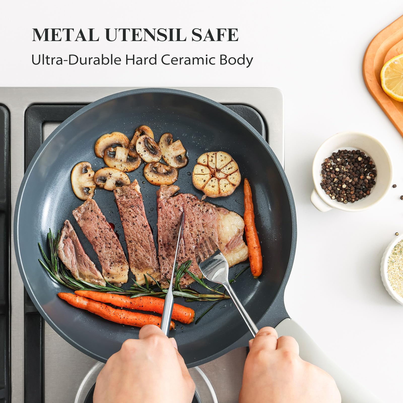PRICUSIS Nonstick Ceramic Frying Pan, 8/10/12 Inch Non Toxic Skillet, Egg & Omelet & Chef's Pan, Induction Compatible, Dishwasher Safe,PTFE PFAS & PFOA Free (10 Inch, Gray)