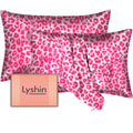 Silk Pillow Cases 2 Pack Standard Size with Hidden Zipper, Mulberry Silk Pillowcase for Hair and Skin, Smooth and Soft Breathable Cooling Silk Satin Pillowcase Set of 2, Gifts for Women，Leopard Pink
