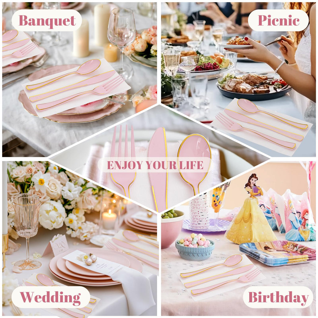 WDF 180 Pieces Pink Plastic Silverware with Gold -Pink Plastic Utensils Set - 60 Guest Cutlery Disposable for Birthday Party Baby Shower Wedding Spring