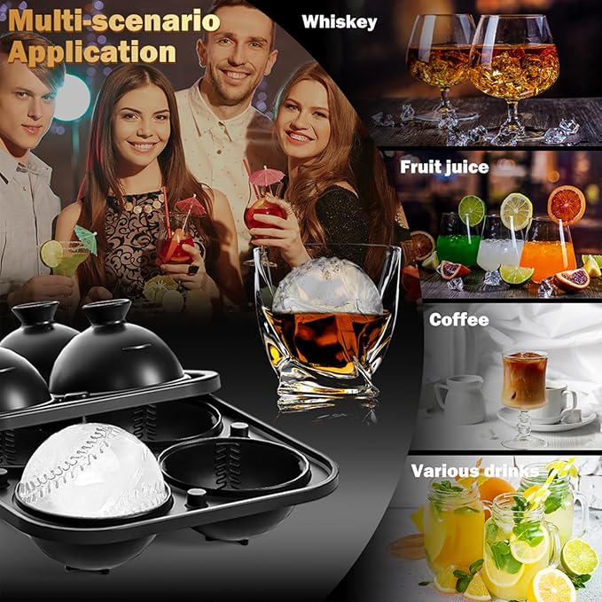 4 Pack Baseball Ice Cube Mold 2.2 Inch Large Silicone Round Ice Cube Molds Fun Shapes Craft Sphere Ice Molds Novelty Gifts Stuff for Men and Women Cocktails, Bourbon,Brandy, Whiskey(4, Baseball)