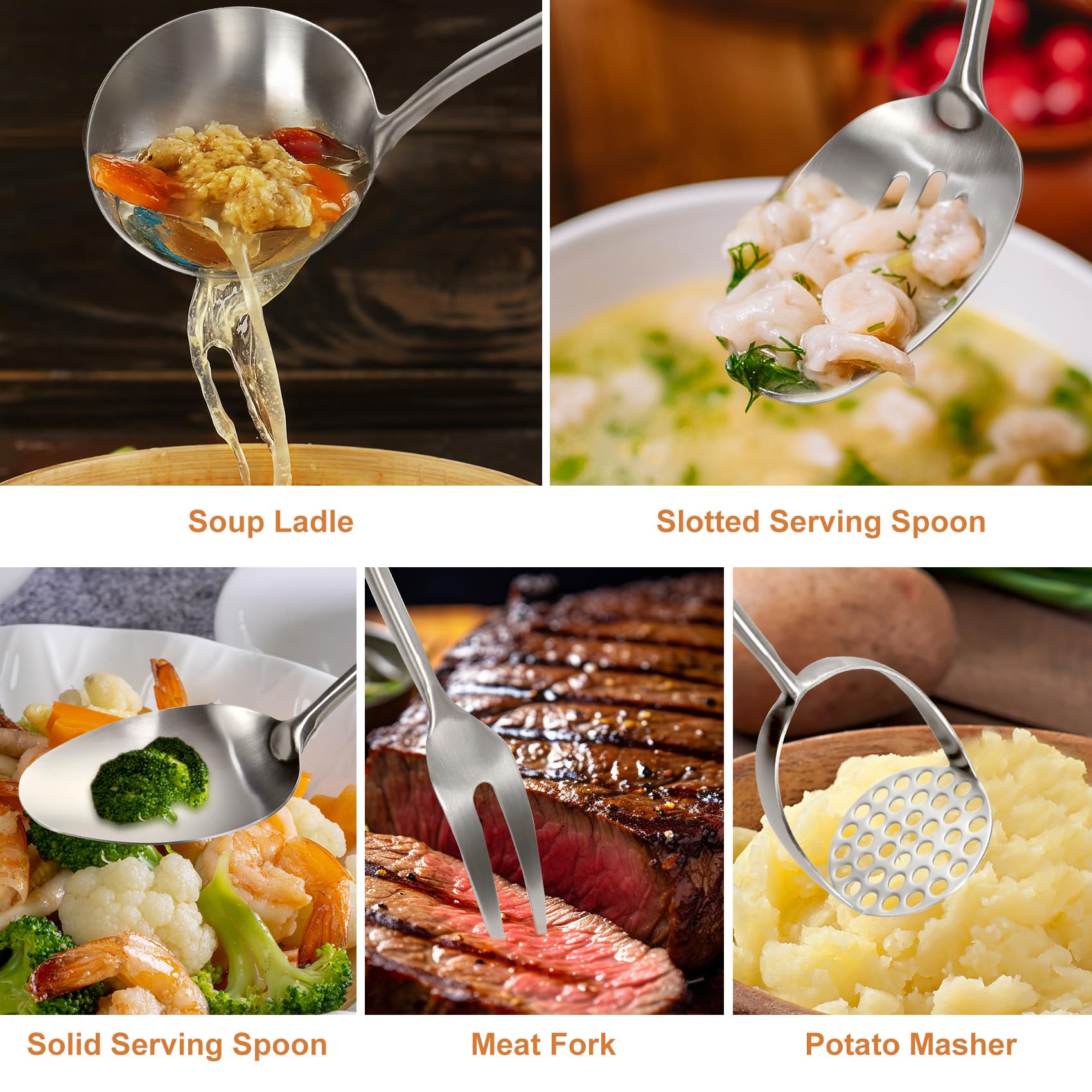 304 Stainless Steel Cooking Utensils Set, 12 Pcs Long Stainless Steel Kitchen Utensils Set, Metal Cooking Utensils Set with Potato Masher, Spoon, Ladle, Skimmer, Pasta Server etc(Dishwasher Safe)