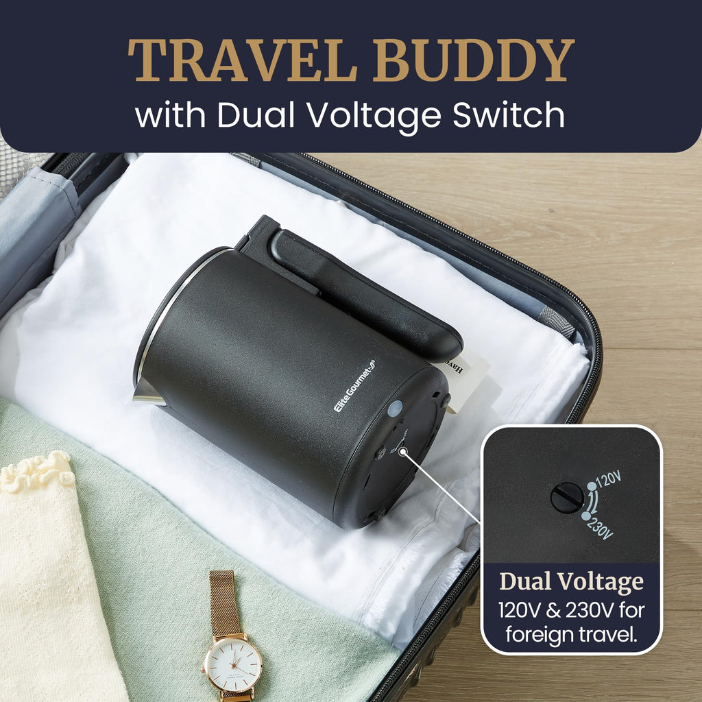 Elite Gourmet Dual-Voltage Travel Kettle, 0.6L Stainless Steel, Black