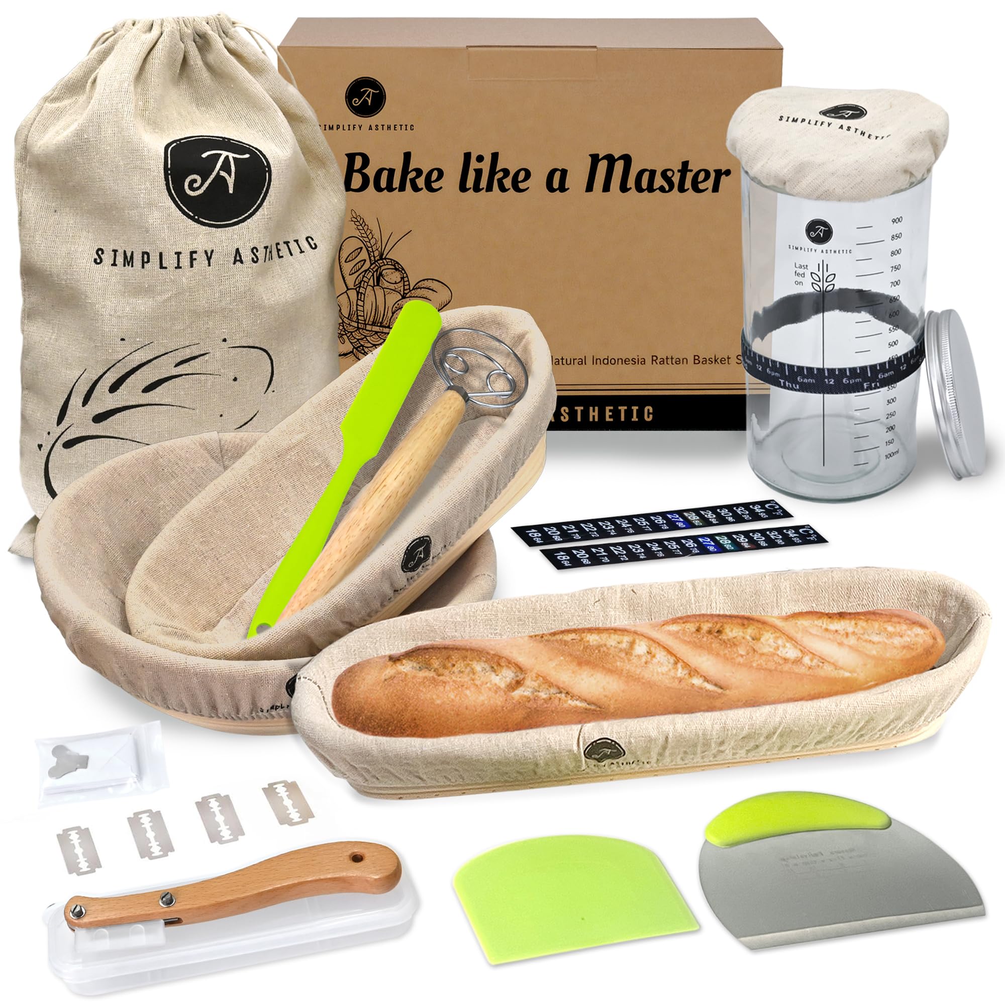 Premium Banneton Bread Proofing Basket - A Complete Sourdough Bread Baking Kit - Bread Baking Supplies - Sourdough Starter Jar Kit