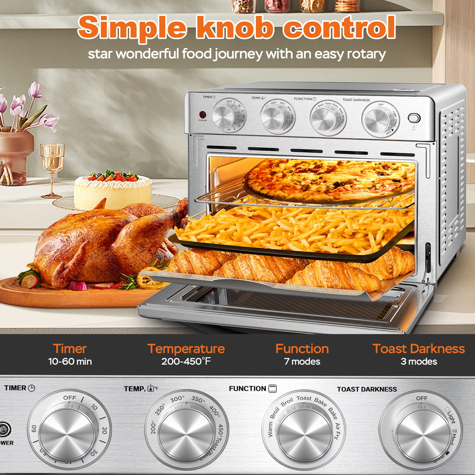 Geek Chef Air Fryer Toaster Oven 26 QT, Large AirFryer Convection Countertop Oven Combo with Easy Bake, Roast, Broil, Warm, 6 Slice Toast 7-in-1 Functions, 3 Layers with 4 Accessories,Stainless Steel