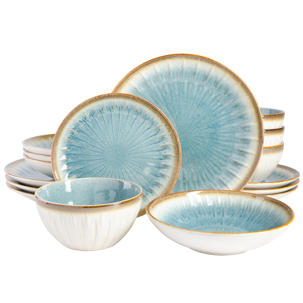 Gibson Elite Mayfair Bay 16-Piece Embossed Double Bowl Dinnerware Set, Service for 4 – Blue Stoneware Plates and Bowls