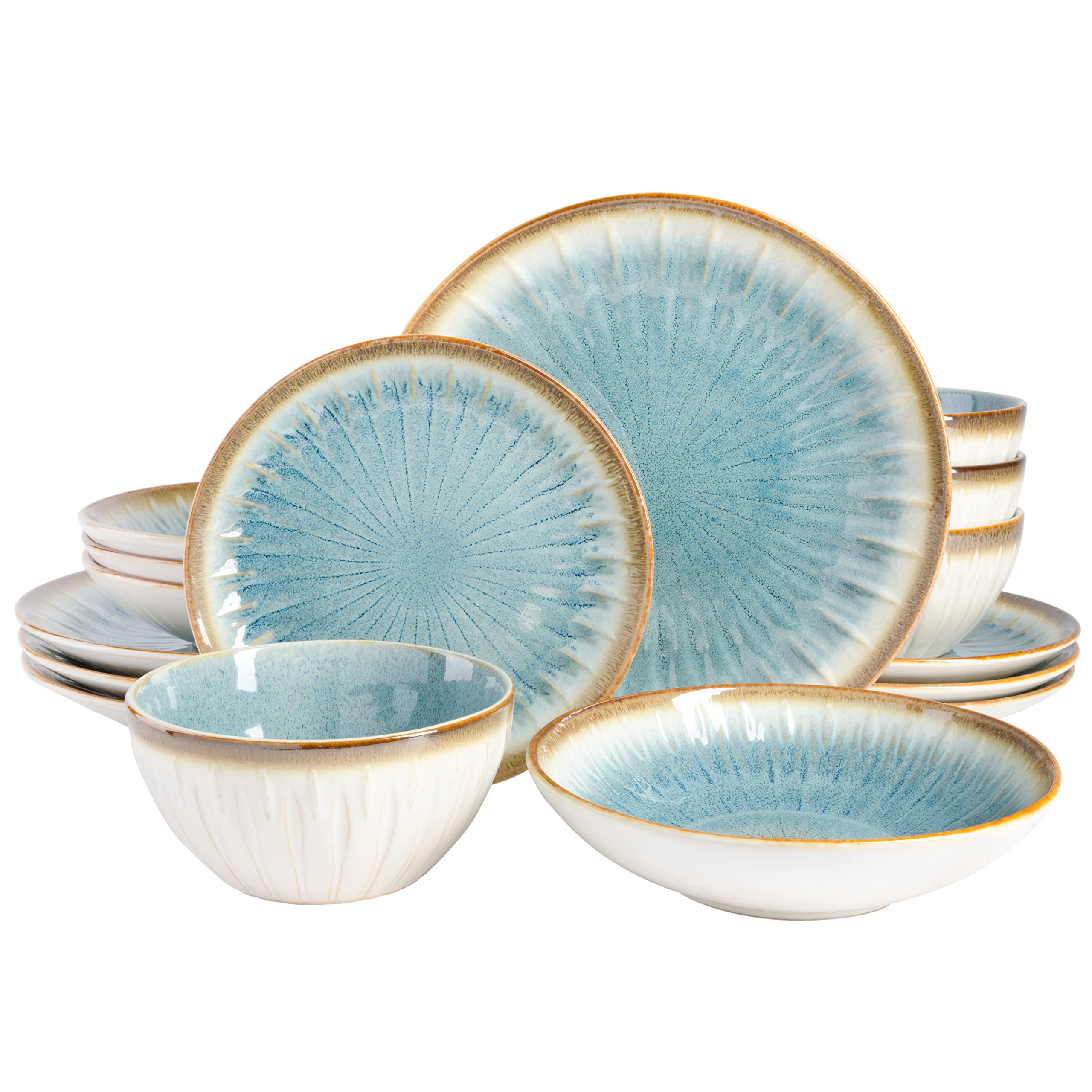 Gibson Elite Mayfair Bay 16-Piece Embossed Double Bowl Dinnerware Set, Service for 4 – Blue Stoneware Plates and Bowls