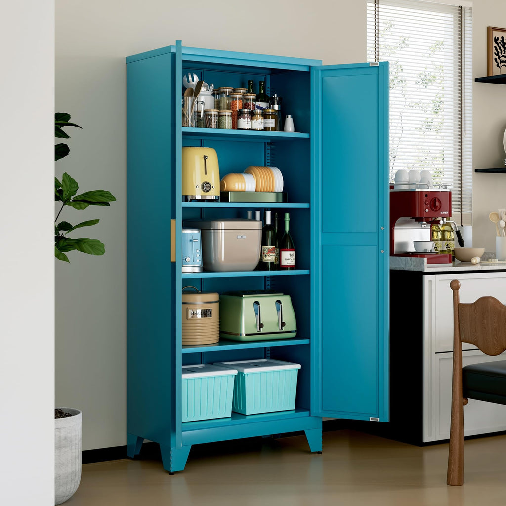 LCAOPC 71" Tall Metal Storage Cabinet with 2 Doors and 4 Adjustable Shelves, 5-Tier Kitchen Pantry Storage Cabinet for Kitchen, Living Room, Dining Room and Office, Blue