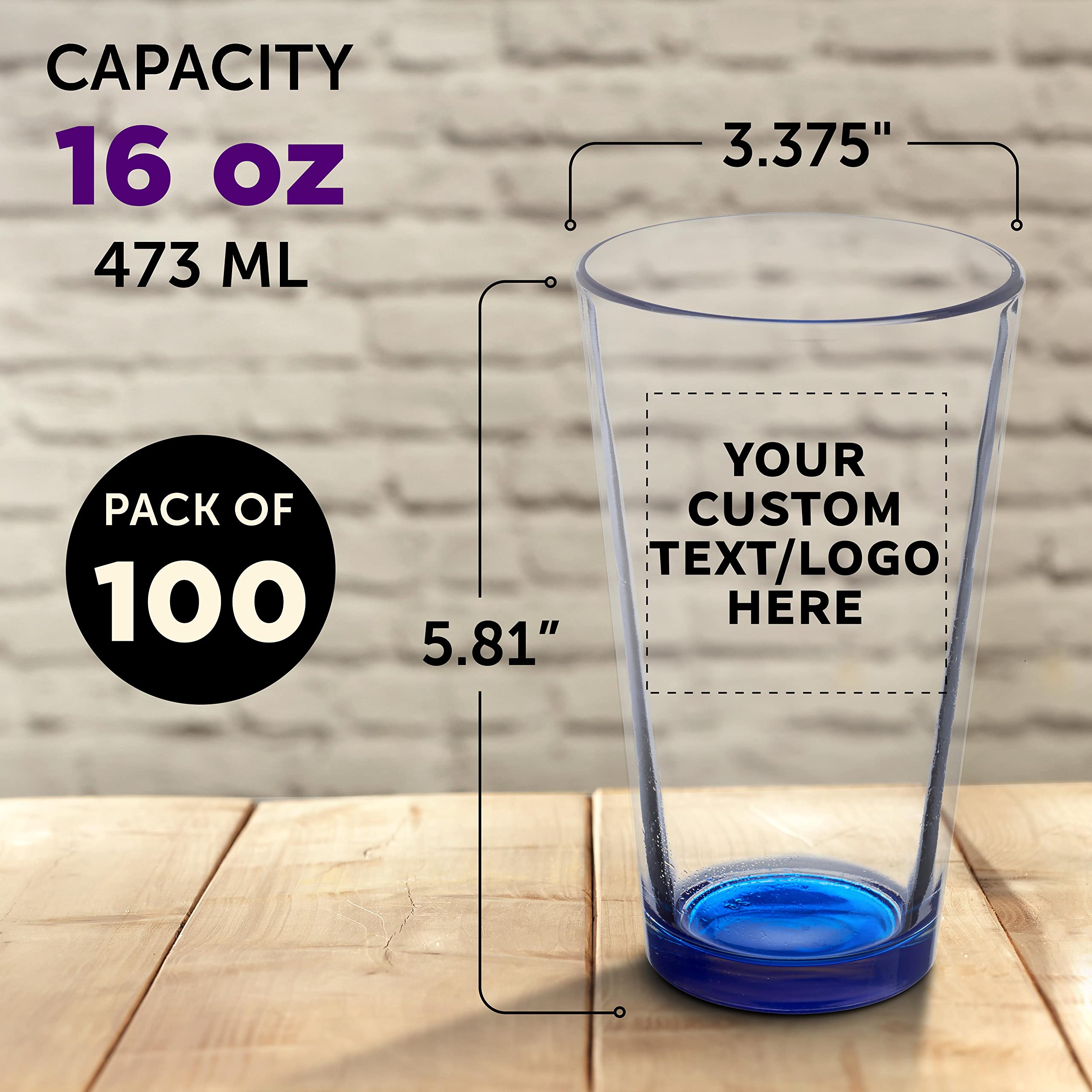 Custom Pint Glass 16 oz. Set of 100, Personalized Bulk Pack - Beer Glasses, Heavy Duty Drinkware - Blue