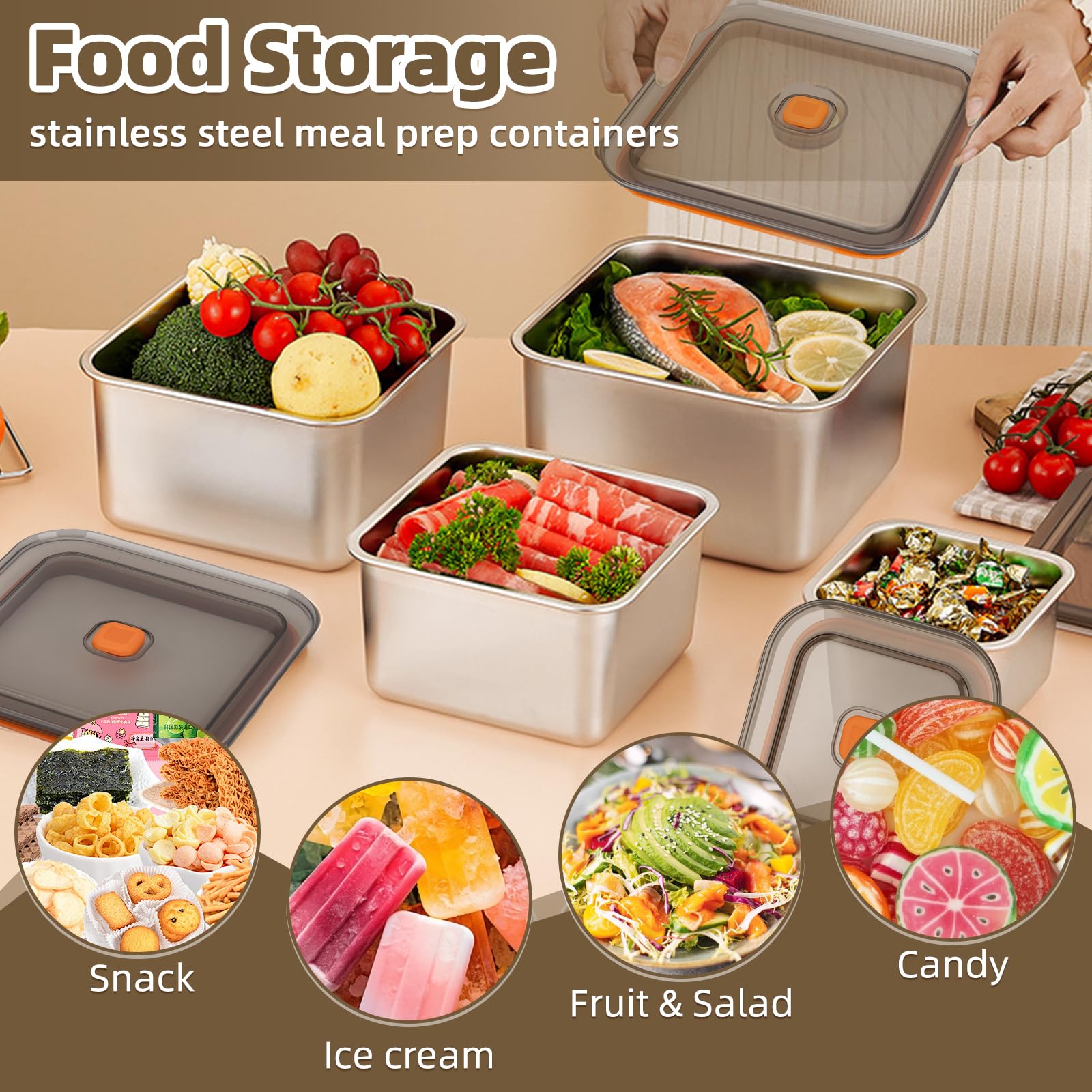 fecoqi 2 PCS Stainless Steel Food Storage Containers(47oz) with Lids Leak Proof & Airtight | Square Stainless steel freezer Containers,For Meal Prep,Fruit,Snack,Freezer