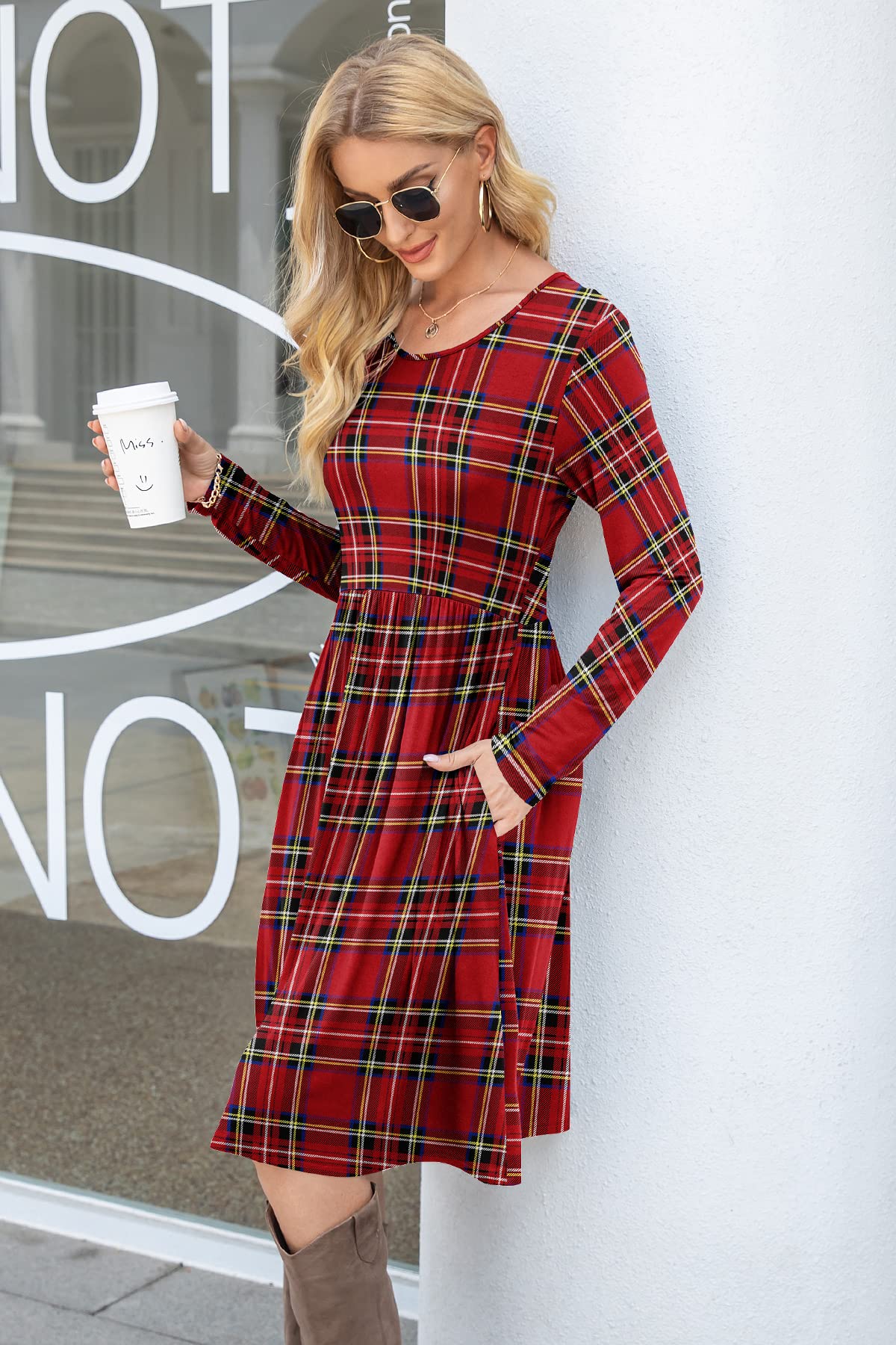 DB MOON Womens Casual Long Sleeve Dresses Empire Waist Knee Length Loose Dress with Pockets (DBL Red Plaid, L)