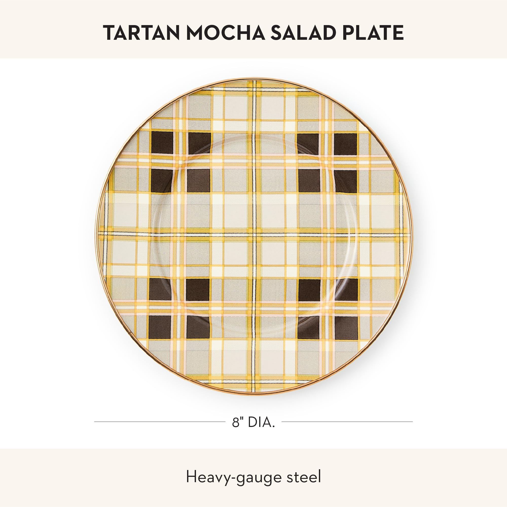 MACKENZIE-CHILDS Enamel Salad and Dessert Plate, Small Plate for a Dessert or Appetizer Dish, 8 Inches, Brown-and-White Tartan Mocha