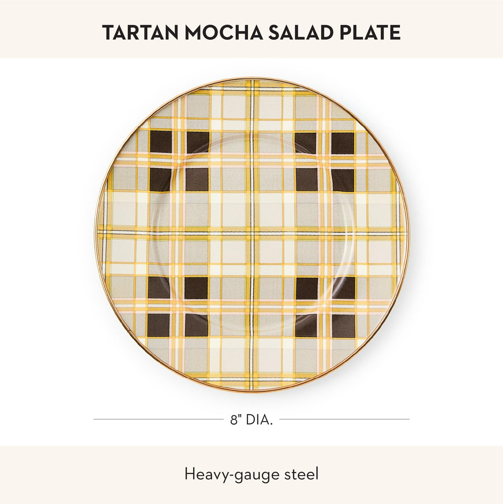 MACKENZIE-CHILDS Enamel Salad and Dessert Plate, Small Plate for a Dessert or Appetizer Dish, 8 Inches, Brown-and-White Tartan Mocha