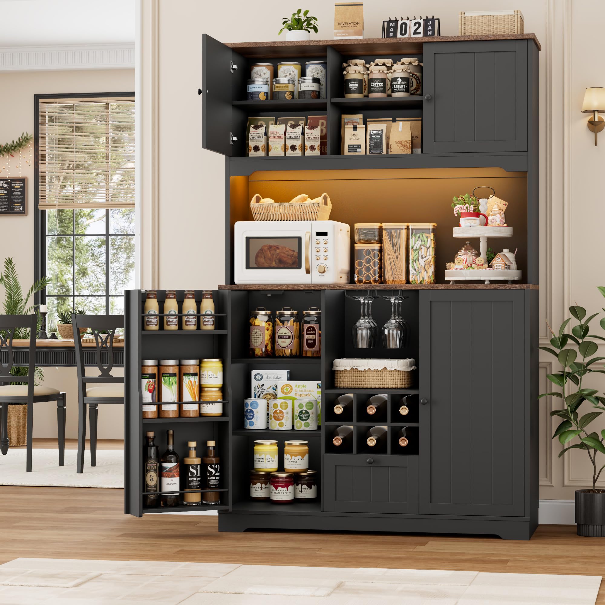 FINETONES 71" Kitchen Pantry Cabinet with LED Light and Charging Station