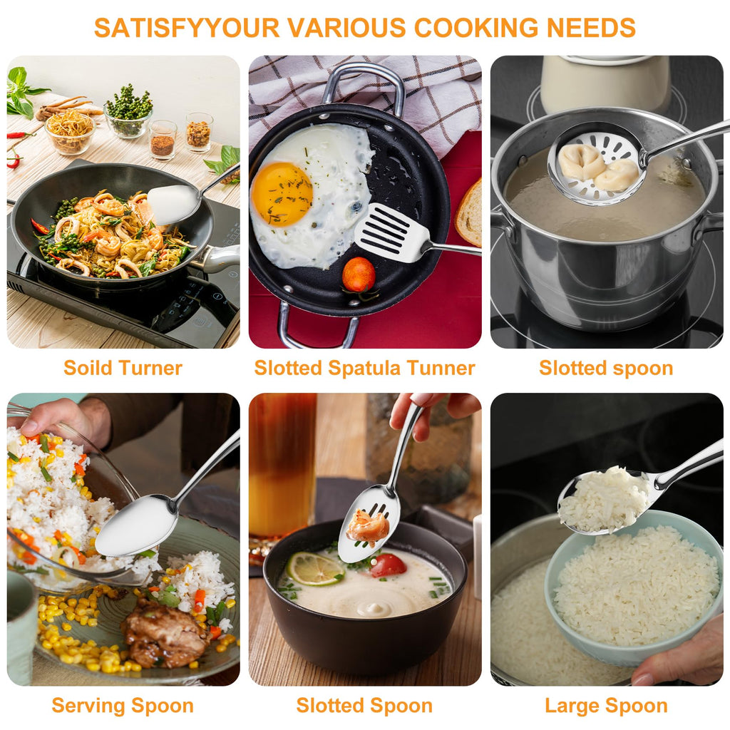 304 Stainless Steel Kitchen Utensils Set, 11 PCS Metal Cooking Utensils Set with Spatula, Spoon, Ladle, Skimmer, Turner, Pasta Server, Tongs