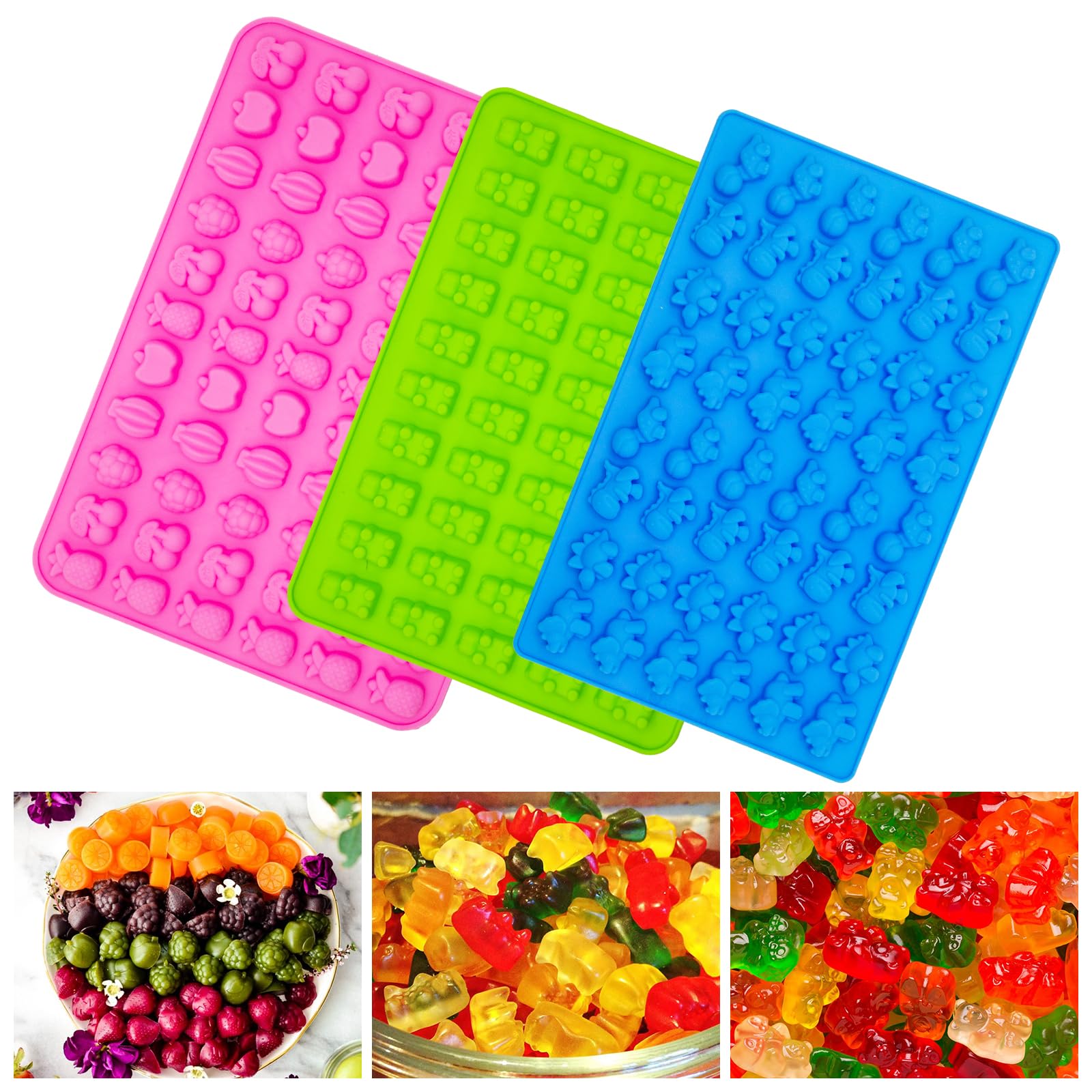 Gummy Candy Molds - Silicone Mini Gummy Bear/Dinosaur/Fruit Snack Molds with 2pcs Dropper,Non-stick and Bpa Free for Candy Chocolate Gummies Baking