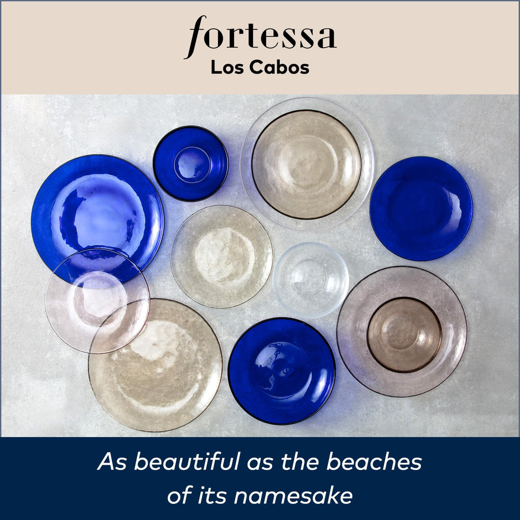 FORTESSA Los Cabos Tableware, 16-Piece Glass Dinnerware Set with 4 Dinner Plates, 4 Salad Plates, 4 Coupe Bowls and 4 Cereal Bowls, Dishwasher-Safe Glass Plate Set, Pink