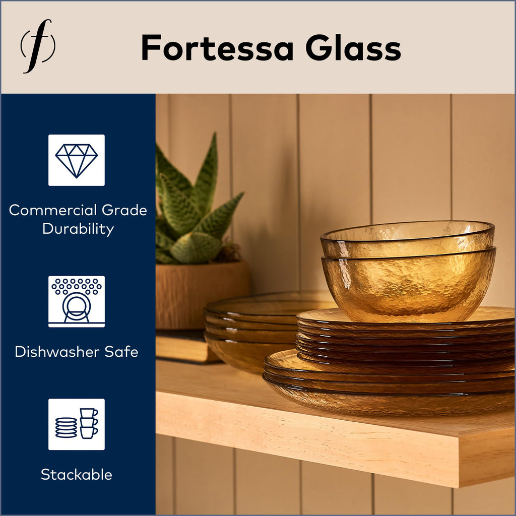 FORTESSA Los Cabos Tableware, 16-Piece Glass Dinnerware Set with 4 Dinner Plates, 4 Salad Plates, 4 Coupe Bowls and 4 Cereal Bowls, Dishwasher-Safe Glass Plate Set, Ginger Root