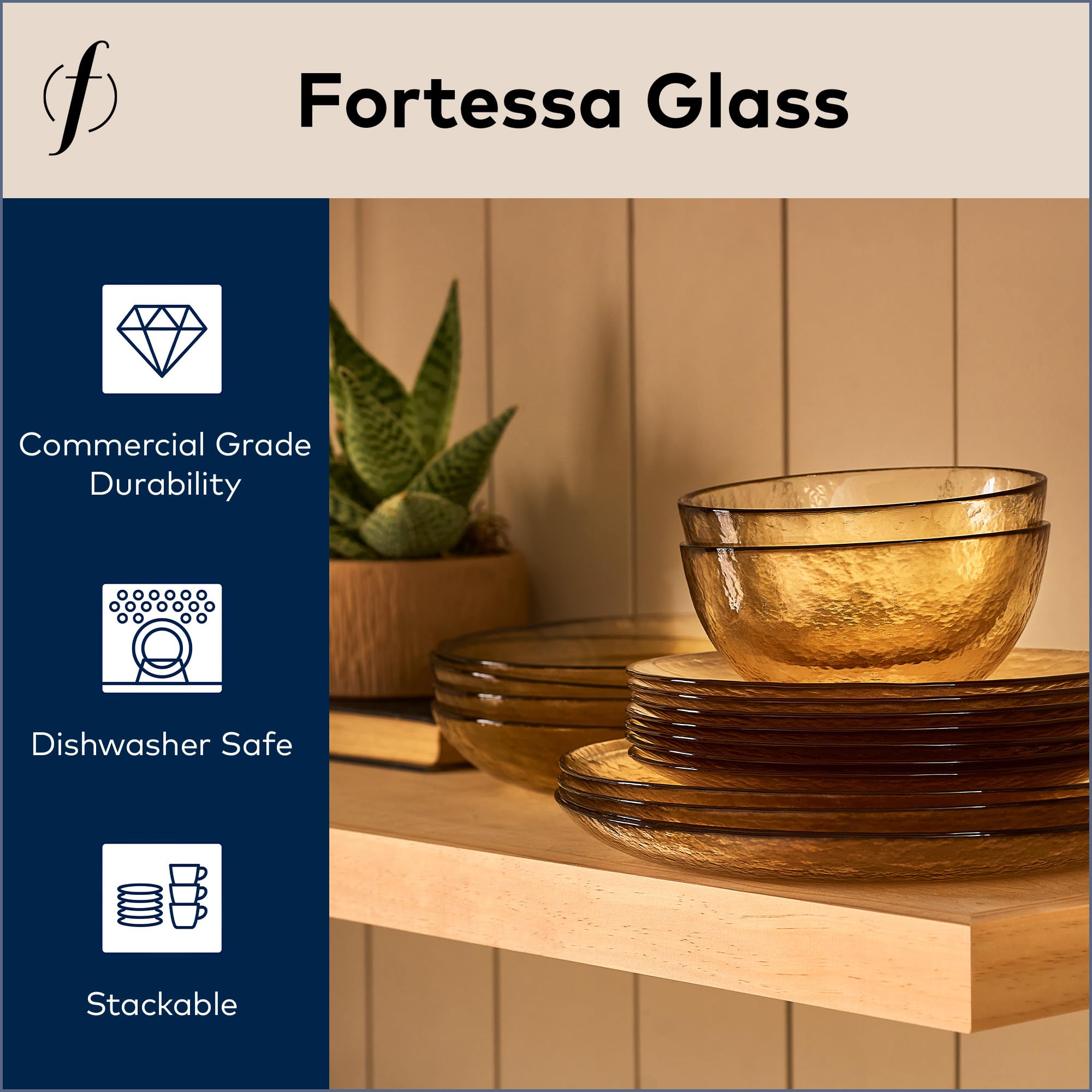 FORTESSA Los Cabos Tableware, 16-Piece Glass Dinnerware Set with 4 Dinner Plates, 4 Salad Plates, 4 Coupe Bowls and 4 Cereal Bowls, Dishwasher-Safe Glass Plate Set, Ginger Root