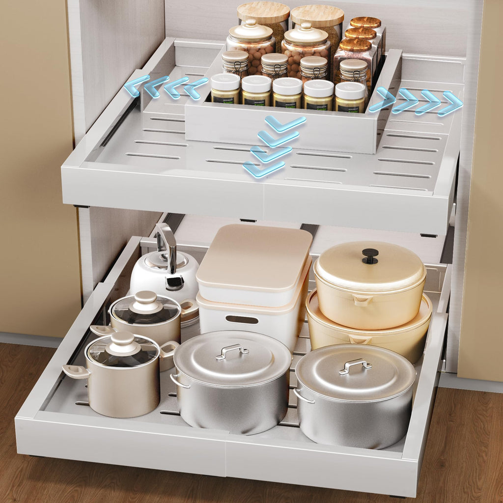 Makfoner 1 Pcs Pull Out Cabinet Organizers, Width (12"-19") and Depth (17"-23") Expandable With 3 Slides, No Drill Slide out Drawers Adhesive Film or Nail Cabinets Without Lip in Kitchen, Bathroom
