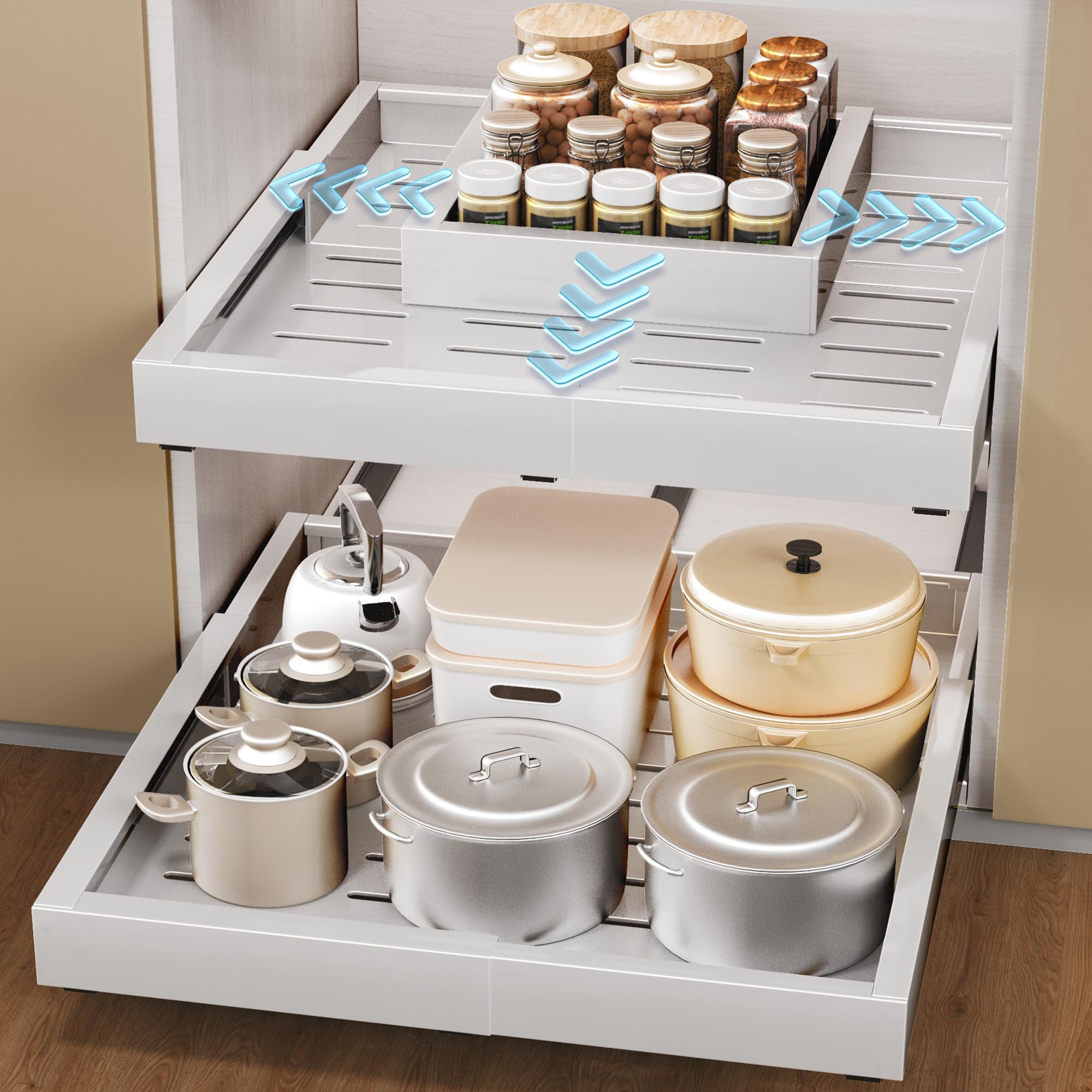 Makfoner 1 Pcs Pull Out Cabinet Organizers, Width (12"-19") and Depth (17"-23") Expandable With 3 Slides, No Drill Slide out Drawers Adhesive Film or Nail Cabinets Without Lip in Kitchen, Bathroom