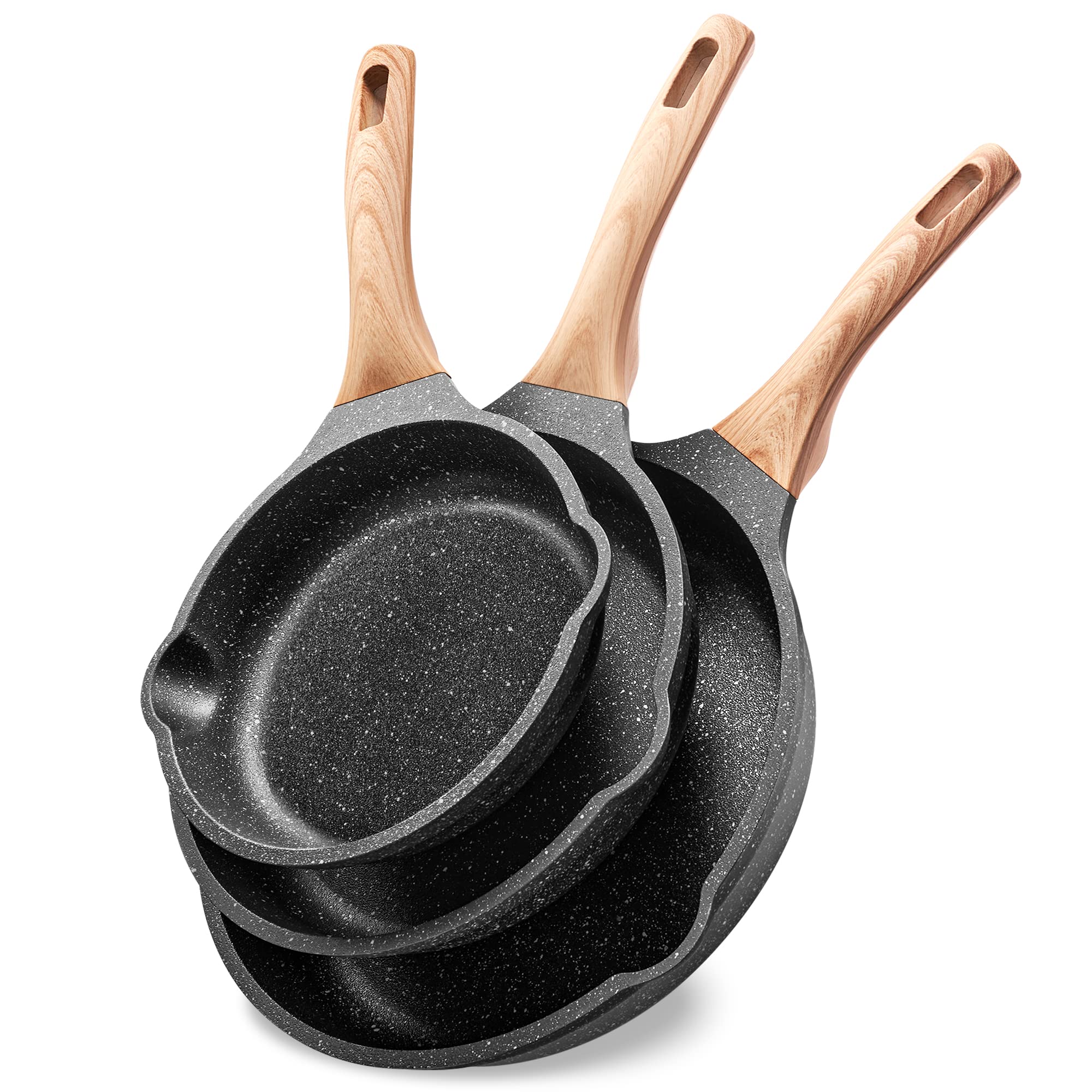 Non Stick Frying Pan Set - YIIFEEO Granite Skillet Set with 100% PFOA & PTFE Free, Induction Egg Omelette Pans for Cooking Pan Set, Cookware Set Nonstick Pots and Pans Set Gift for Women