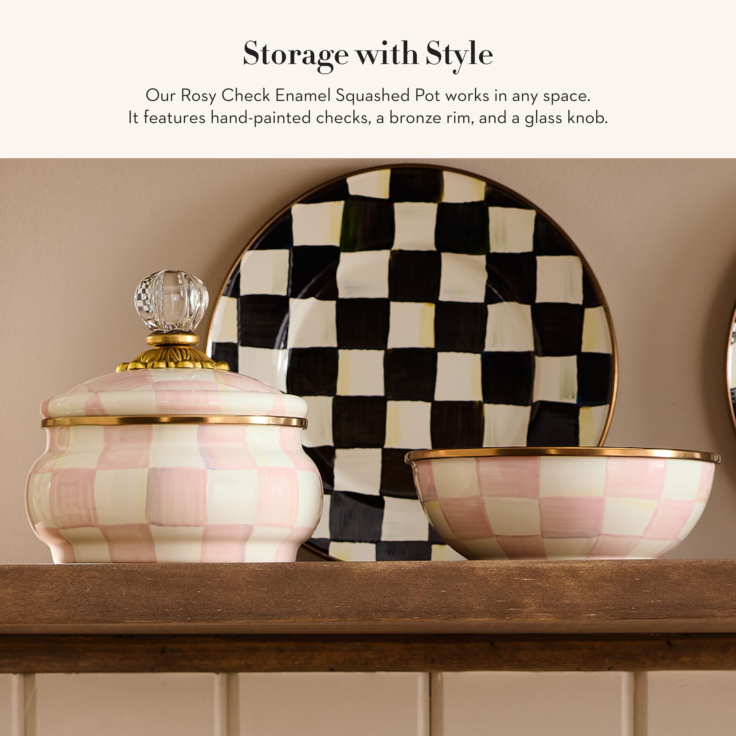 MACKENZIE-CHILDS Enamel Squashed Pot, Pink-and-White Rosy Check