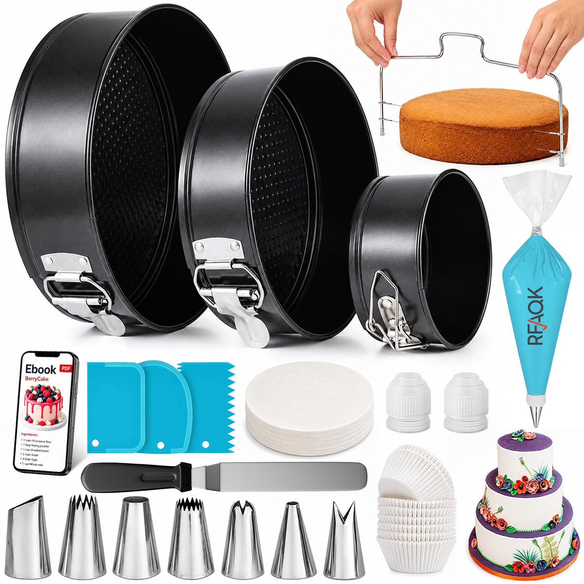 RFAQK 100pcs Cake Pan Sets for Baking + Cake Decorating Supplies: 3 Non-Stick Springform Pans Set (4, 7, 9 inches), Icing Tips, Cake Leveler – Multi-functional Leak-Proof CheeseCake Pan & eBook