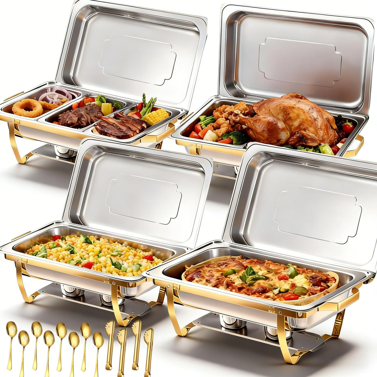 4 Pack Stainless Steel Chafing Dishes for Buffet, 9 QT Capacity 7 Pans Food Warmers for Parties, Weddings, Events Hosting, Family Gatherings, Full Set Catering Server with Serving Utensils Accessories