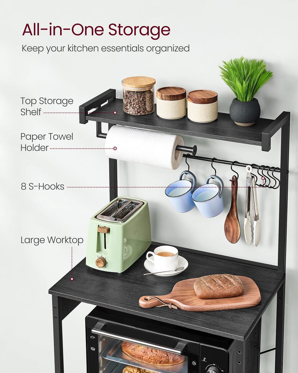 VASAGLE BARNET Collection - Kitchen Bakers Rack with Power Outlet, 23.6-Inch Wide Coffee Bar 4-Tier with 8 S Hooks, Modern Microwave Stand, Adjustable Shelf, Charcoal Gray and Ink Black UKKS014B01V1