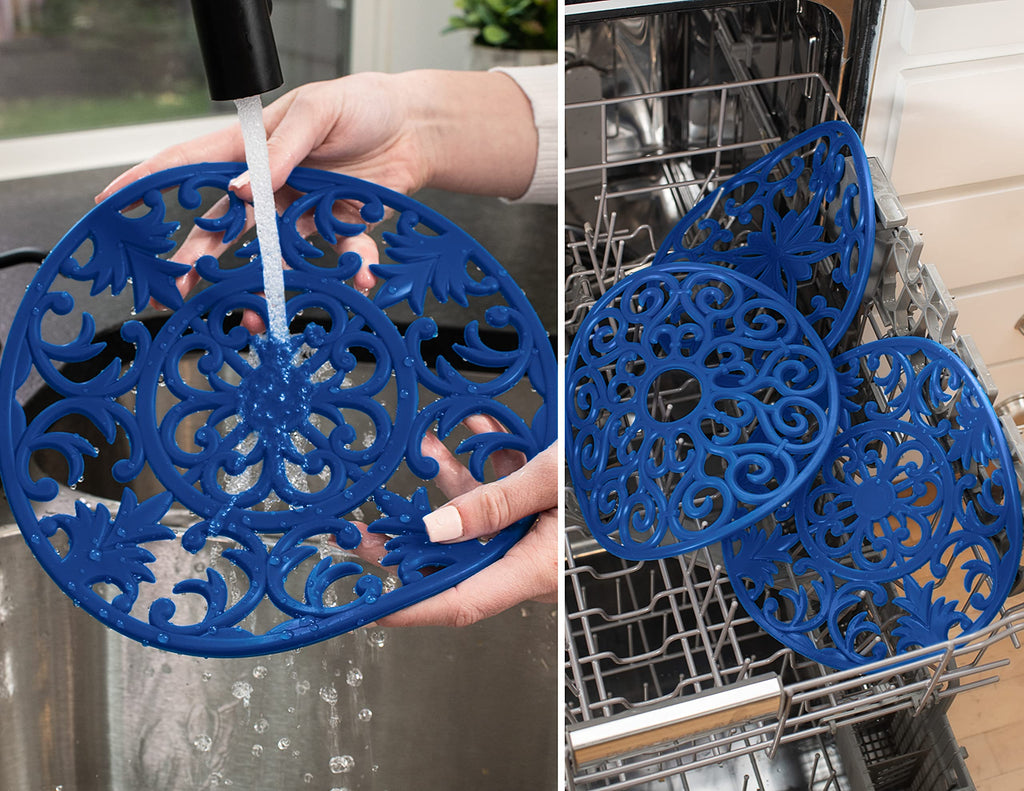 GASARÉ, Extra Large, Thick, 10" Silicone Trivets for Hot Dishes, Pots, and Pans, Hot Pads for Countertops, Flexible, Dishwasher Safe, 10 x ¼ Inches, Set of 3, Blue