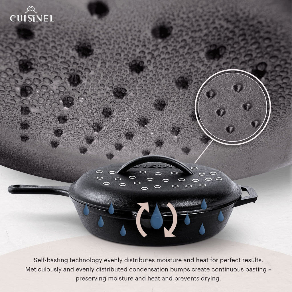 Cuisinel Cast Iron Skillet with Lid - 12"-inch Pre-Seasoned Covered Frying Pan Set + Silicone Handle & Lid Holders + Scraper/Cleaner - Indoor/Outdoor, Oven, Stovetop, Camping Fire, Grill Safe Cookware