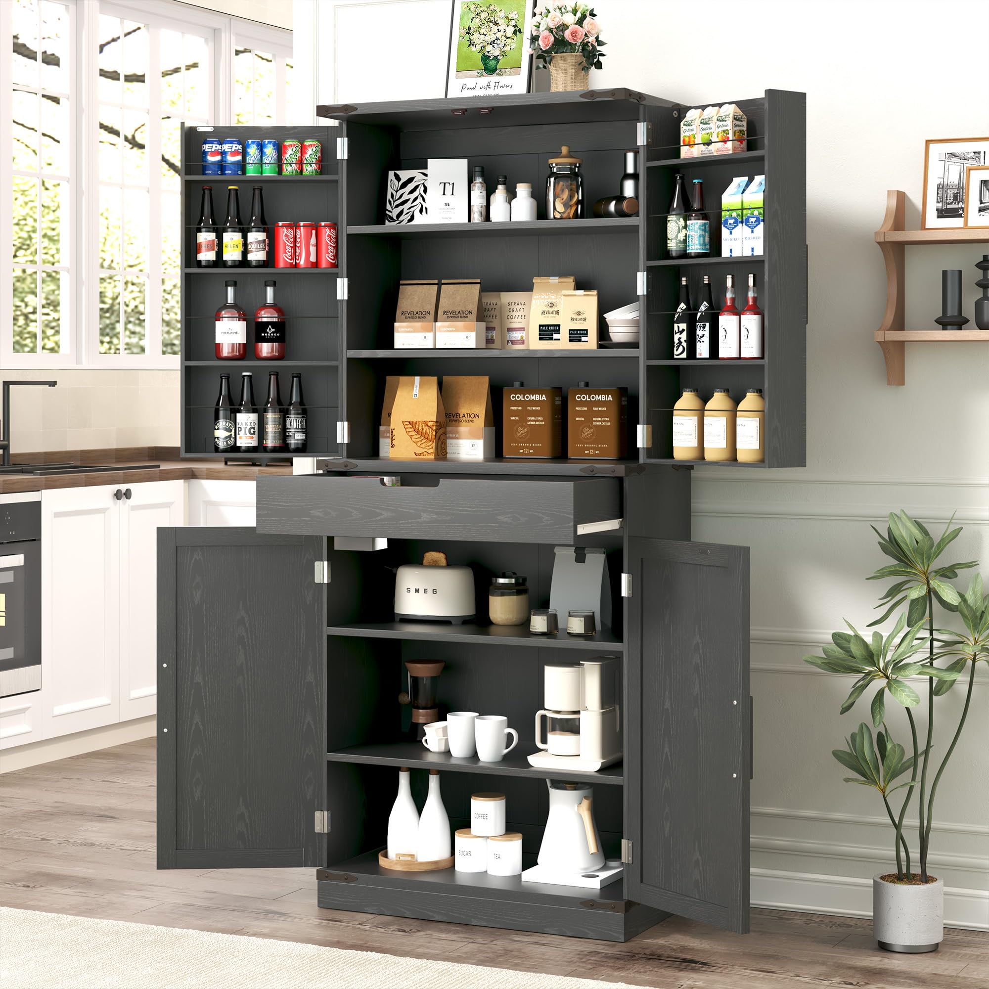 GRUSIGN 72" Tall Storage Cabinet, Kitchen Pantry Cabinet with Adjustable Shelves & Sturdy Steel Frame, Farmhouse Pantry Storage with 4 Barn Doors for Kitchen, Dining Room, and Living Room, Black