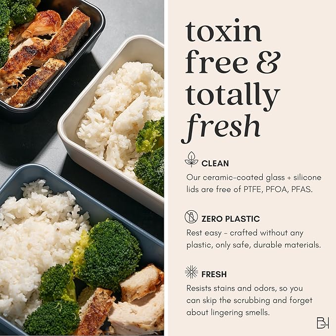 Ceramic Coated Glass Food Storage Container | No PTFE, PFOA, PFAS, and BPA | Reusable Non Toxic Meal Prep Container with Glass Lid | Easy To Store | 8 Cup Square [Onyx]