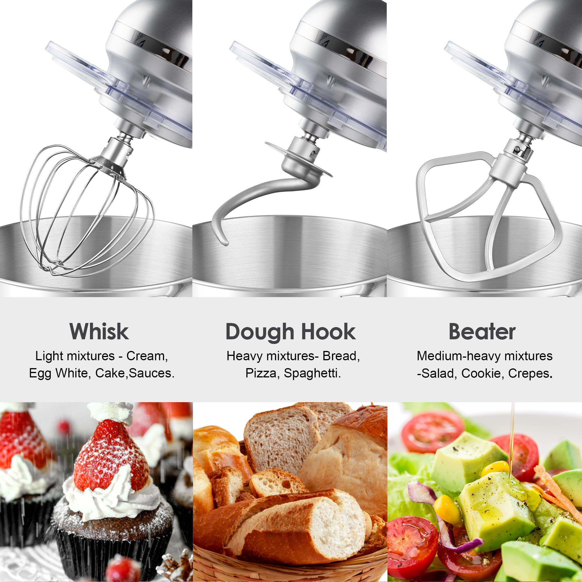 Aucma Stand Mixer,6.5-QT 660W 6-Speed Tilt-Head Food Mixer, Kitchen Electric Mixer with Dough Hook, Wire Whip & Beater (Silver, 6.5QT)