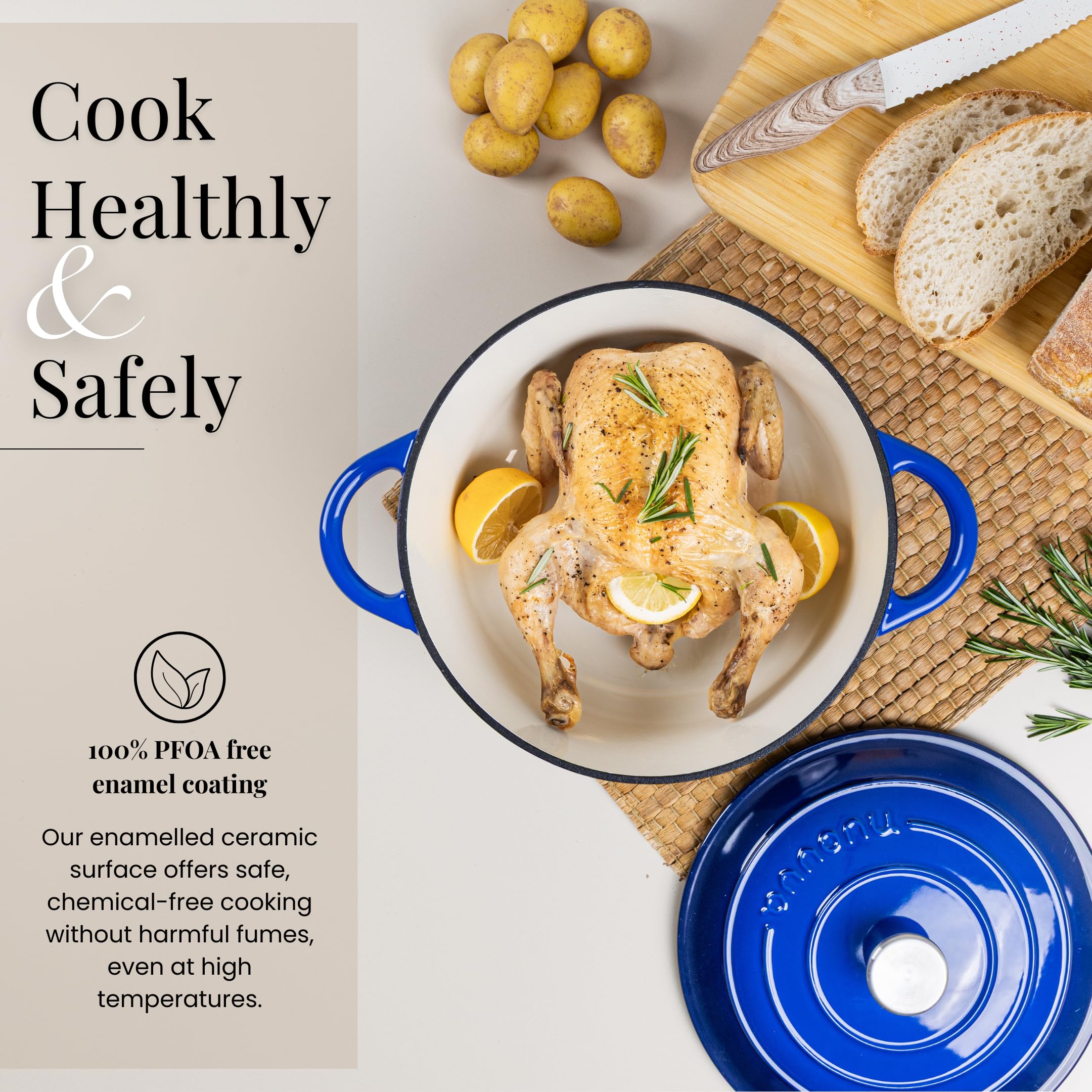 Nuovva Enamelled Cast Iron Dutch Oven Pot with Lid-6.4 Quart Non Stick Casserole Pot-Heavy Duty & Oven Safe up to 500° F for Bread Baking, Braising, Stews, Roasting - 28cm Dark Blue