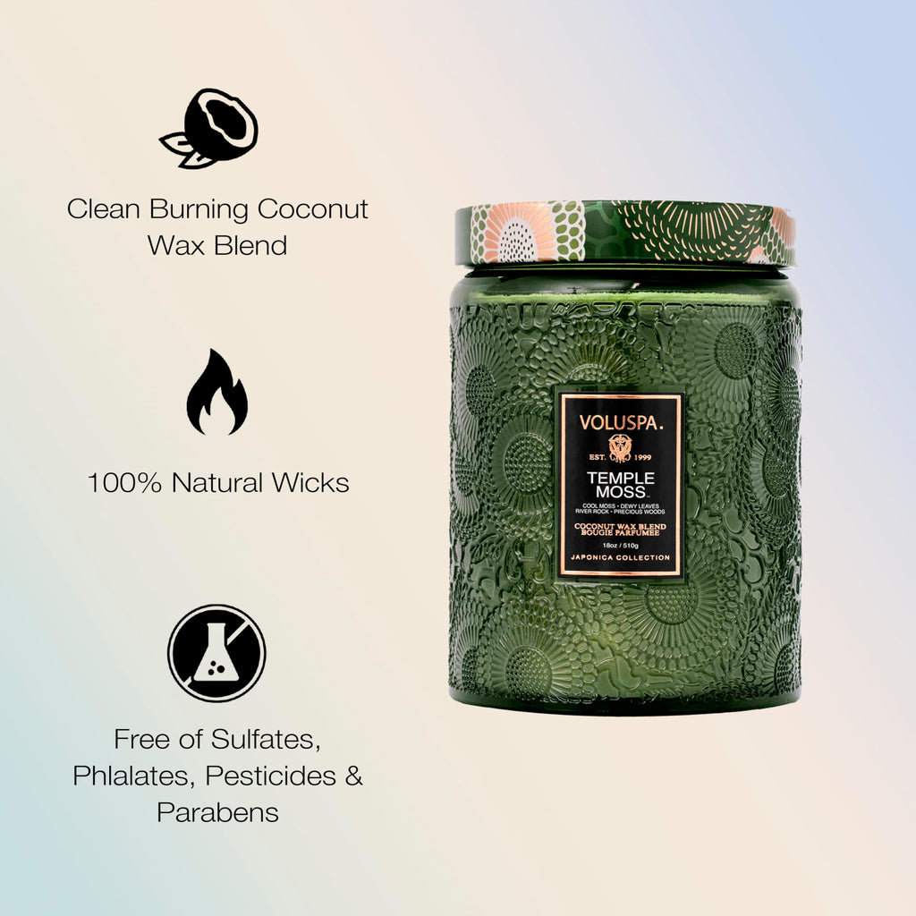 Voluspa Temple Moss, Large Candle Jar, 18oz, Coconut Wax Blend, Scented Candles for Home, 100 Hour Burn Time, Handcrafted in the USA