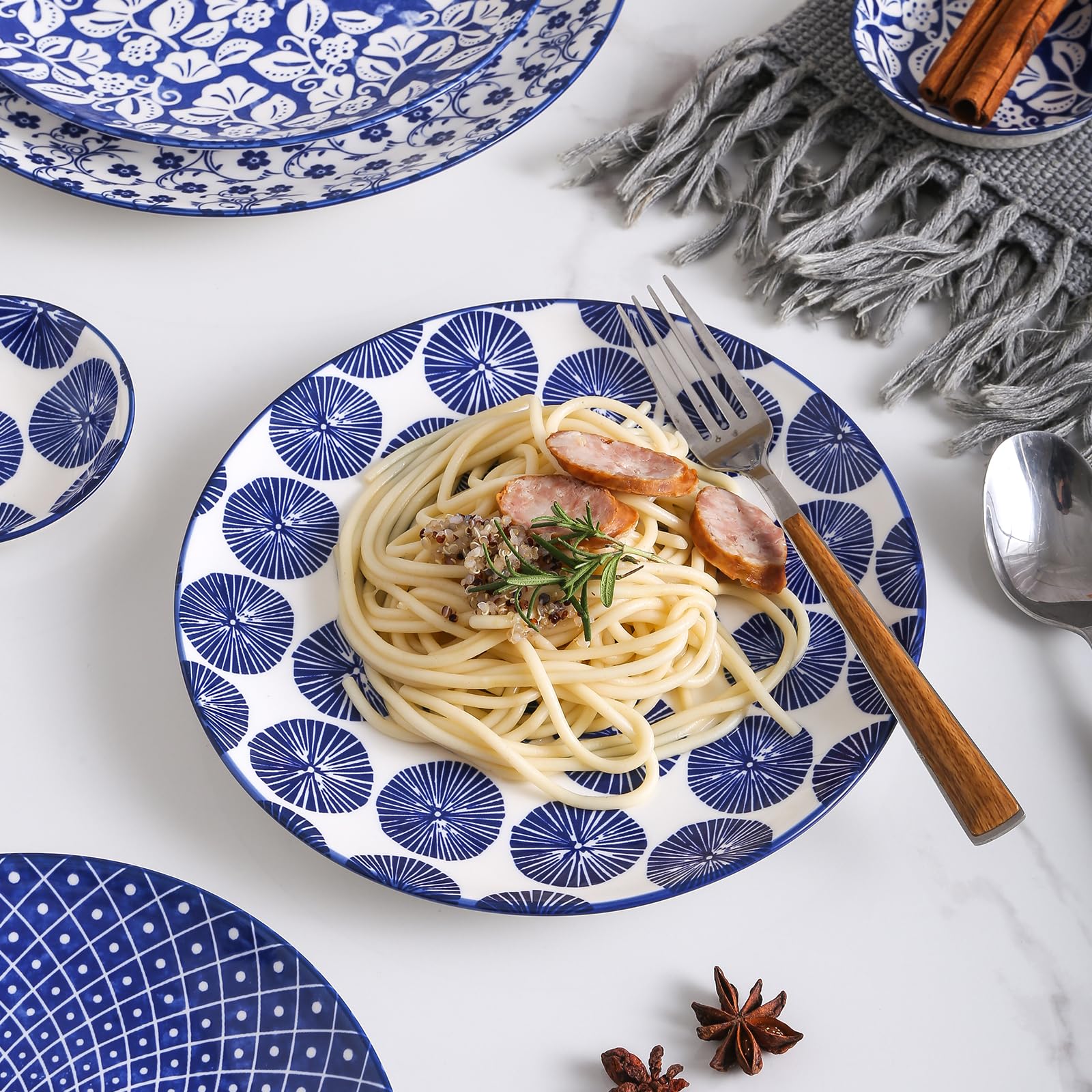 Selamica 30-Pieces Ceramic Dinnerware Sets for 6, Scratch Resistant Plates and Bowls Sets, Microwave and Dishwasher Safe, Vintage Blue A
