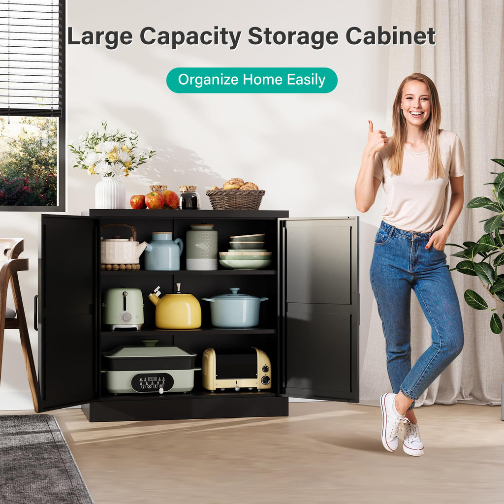 Black Storage Cabinet with Doors and Adjustable Shelves,36" Tall Farmhouse Food Pantry Cabinets,Small Sideboard Cabinet,Short Metal Storage Cabinets for Home Kitchen,Dining/Living/Laundry/Room