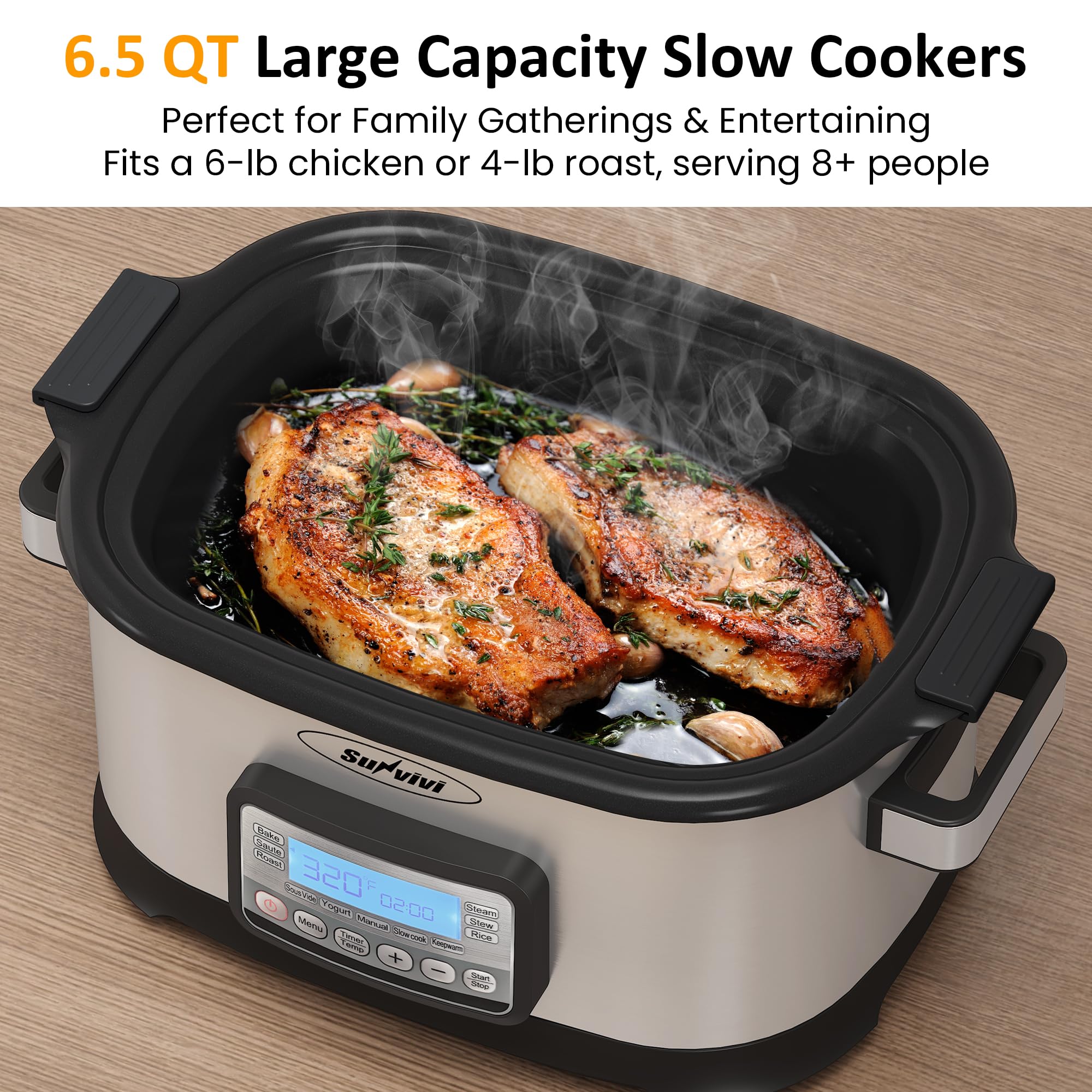 Sunvivi 12-in-1 Programmable Slow Cooker 6.5QT with Timer & Keep Warm