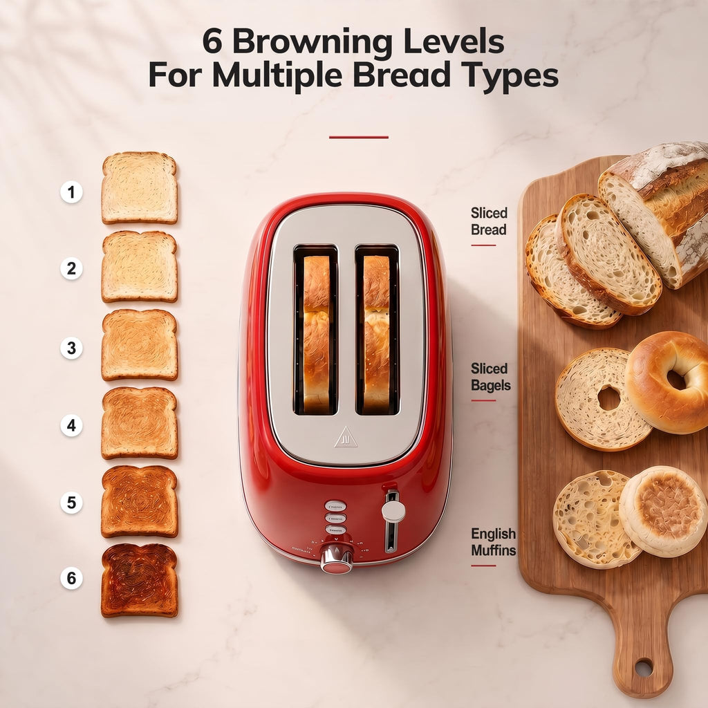 2 Slice Stainless Steel Toaster Retro with 6 Bread Shade Settings, Bagel, Cancel, Defrost Function, Extra Wide Slot, Removable Crumb Tray, Red