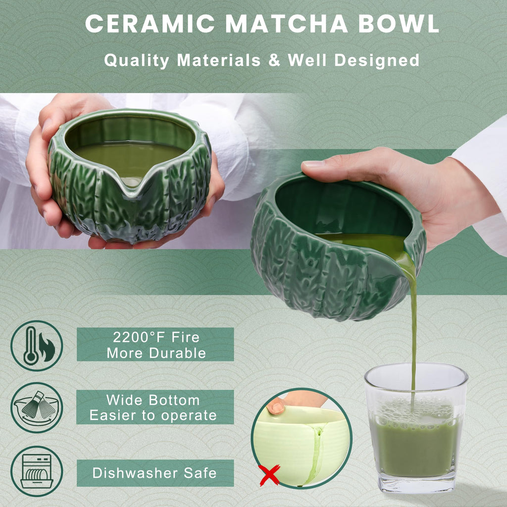 RANERANE 6-Piece Matcha Set, Matcha Whisk (Chasen) & Holder, Matcha Bowl with Spout, Sifter & Spoon, Bamboo & Ceramic, Dark Green