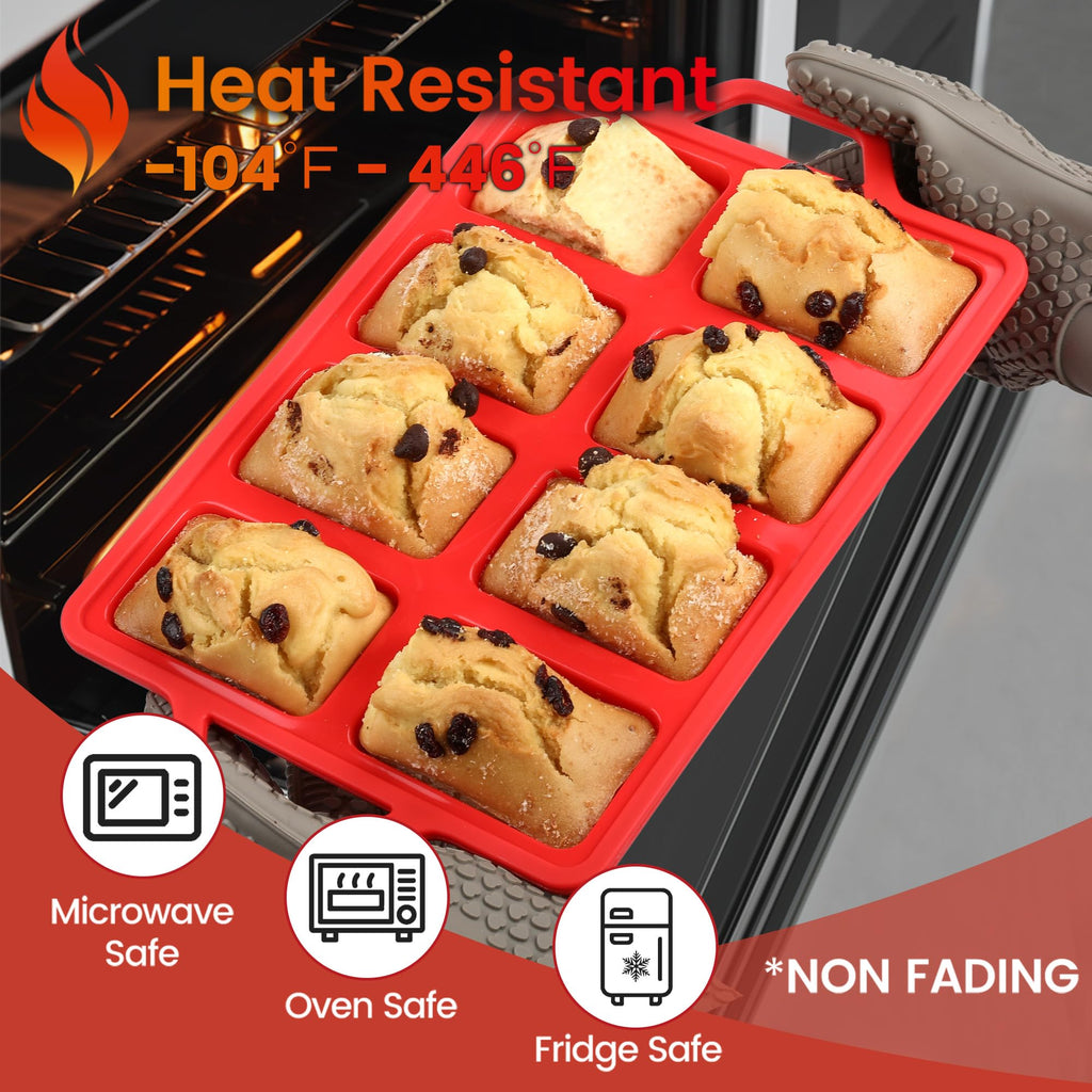 Mini Loaf Pans, Metal Reinforced Frame Silicone Mini Bread Loaf Pans 8 Cavities Nonstick for Baking Cornbread, Bread, Small Loaf, Brownie, Cheesecake, Chocolate 2 Pack Red