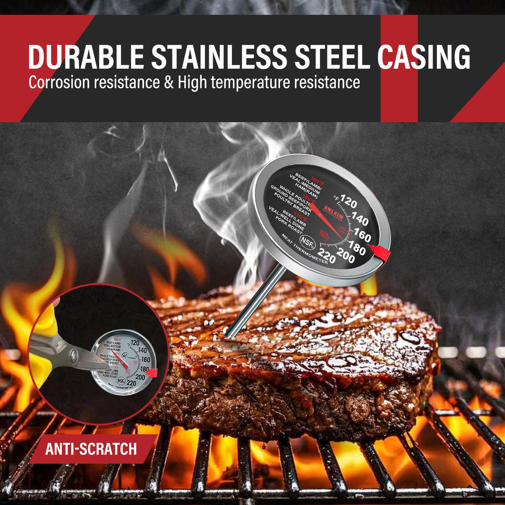 AWLKIM 2 Pack Analog Meat Thermometer Oven Safe Dial No Battery