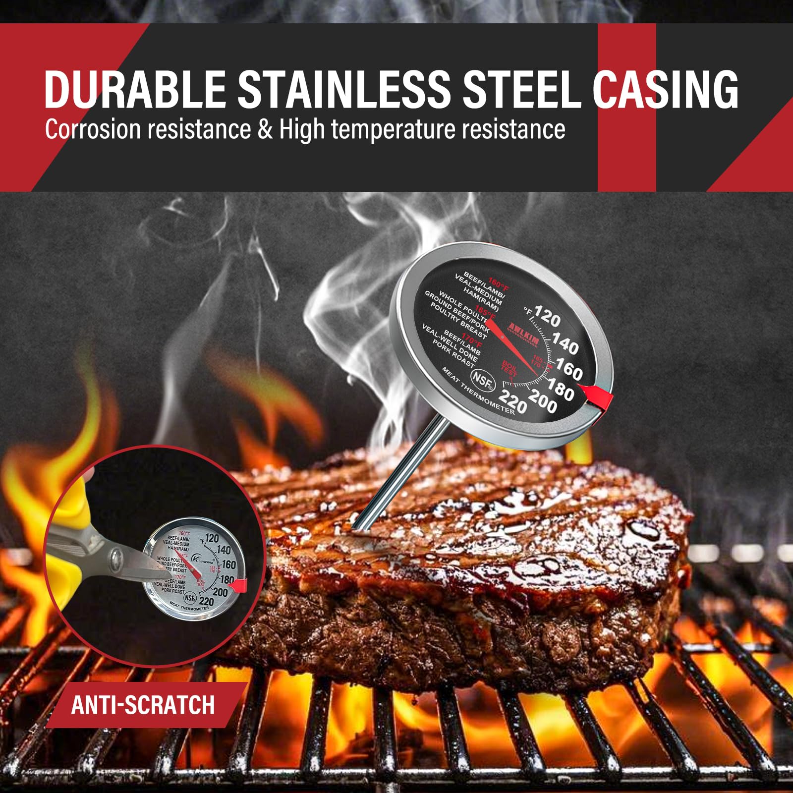 AWLKIM 2 Pack Analog Meat Thermometer Oven Safe Dial No Battery