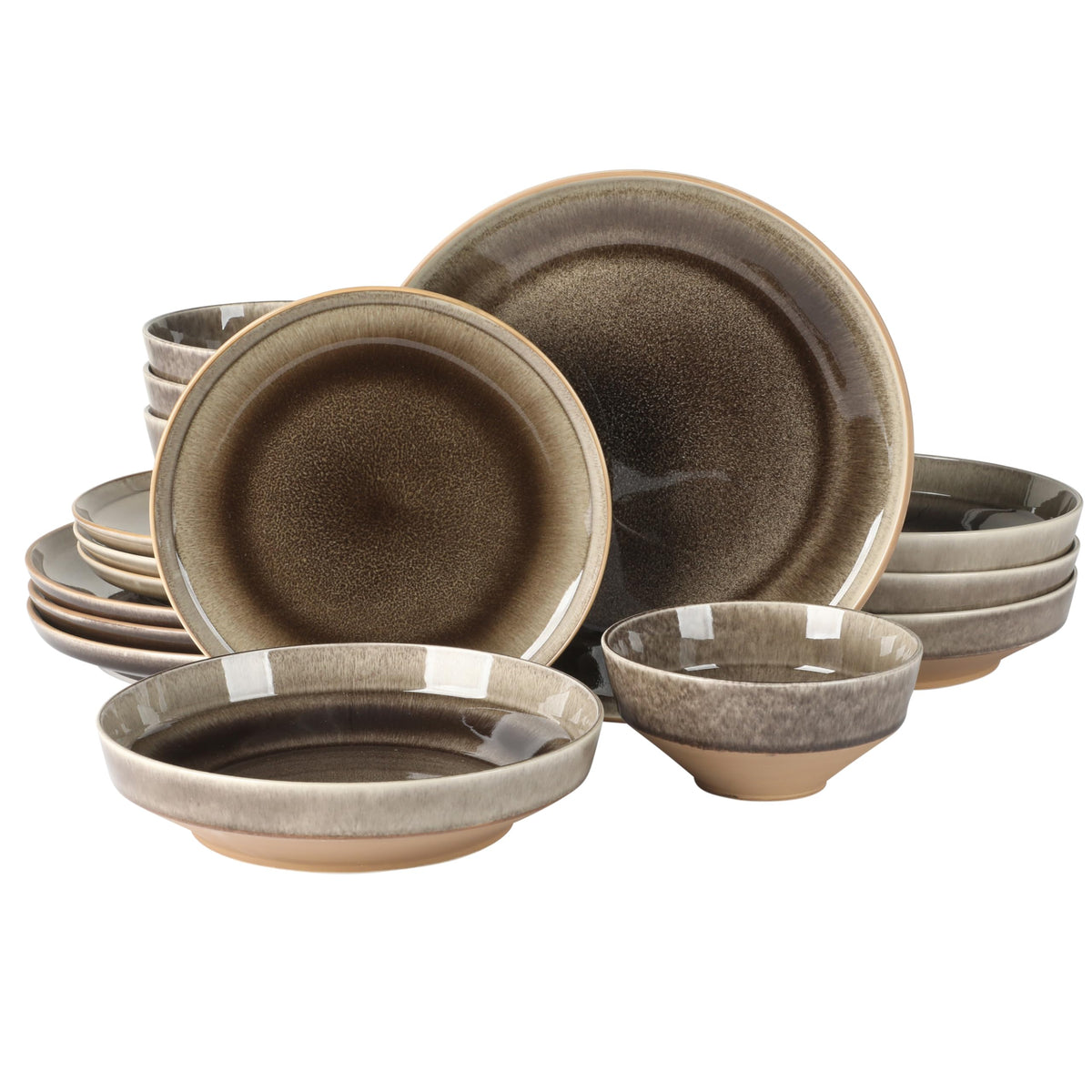 Gibson Elite Island Cove 16 Piece (Service for 4) Plates and Bowls Reactive Glaze Organic Round Dishes Stoneware Ceramic Dinnerware Set -Light Grey