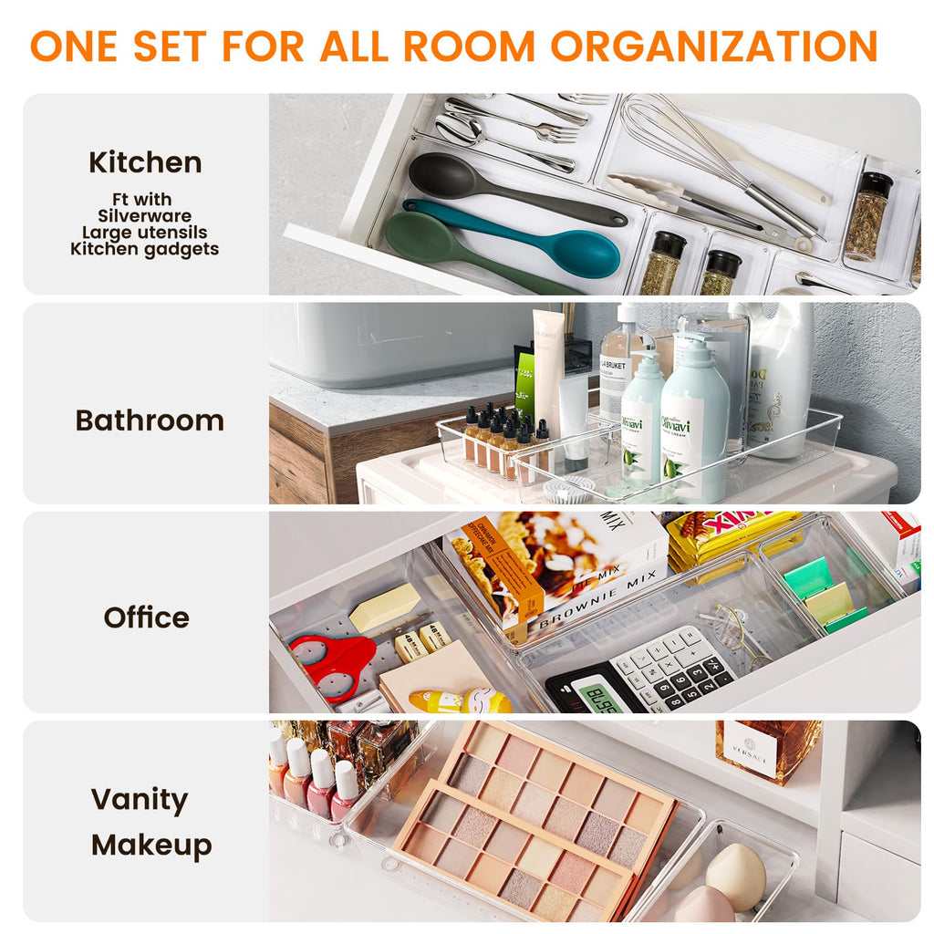 Criusia 36 Pack Large Clear Plastic Drawer Organizer Bins - 6 Size Acrylic Kitchen Drawer Organization and Storage for Utensils Gadgets, Office Bathroom and Vanity Organizer for Makeup Accessoires
