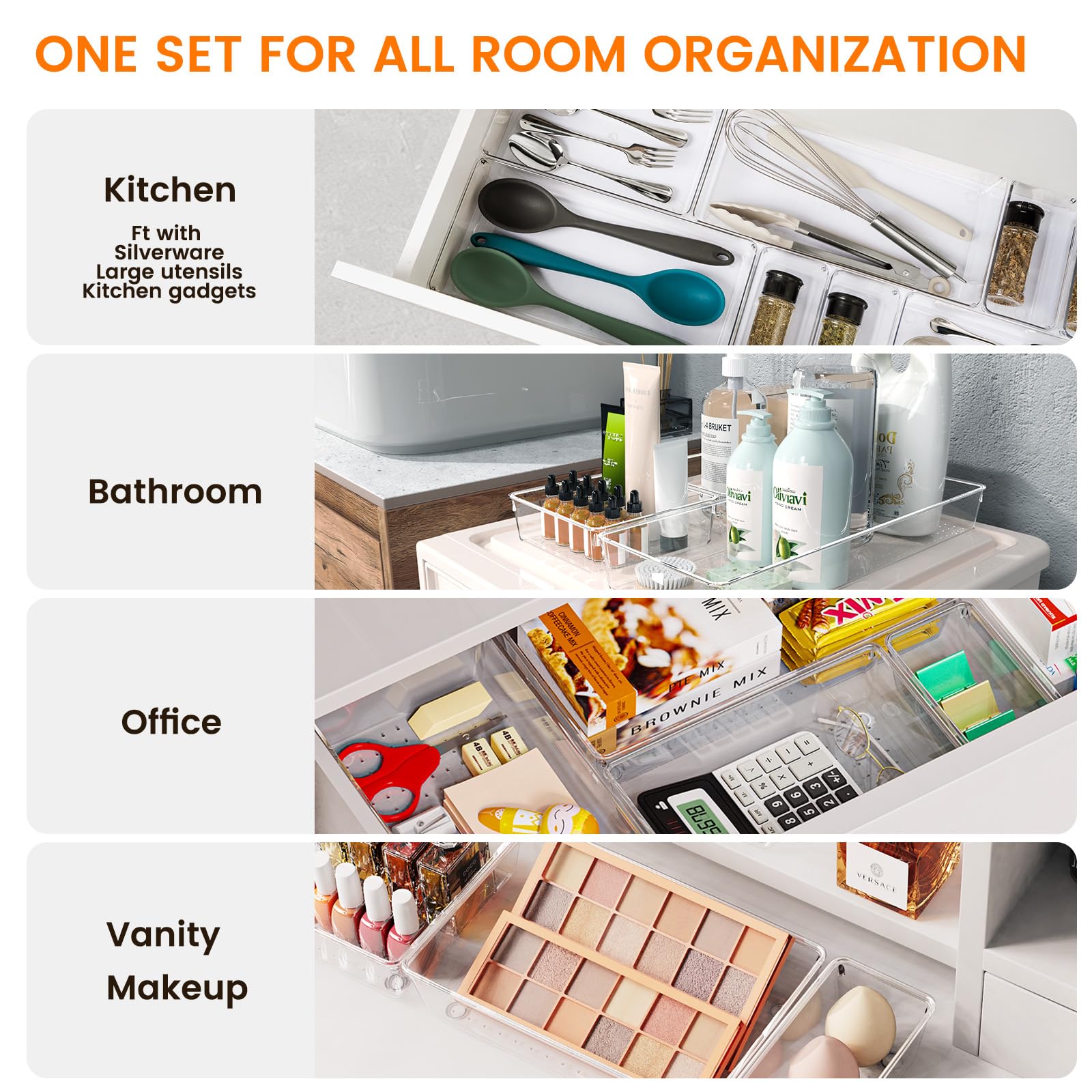Criusia 36 Pack Large Clear Plastic Drawer Organizer Bins - 6 Size Acrylic Kitchen Drawer Organization and Storage for Utensils Gadgets, Office Bathroom and Vanity Organizer for Makeup Accessoires