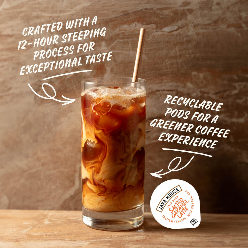 JAVA HOUSE Salted Caramel Latte Cold Brew Coffee Capsules, 1.35 Fluid Ounces (12 Count) Peel and Pour, TSA Approved, Travel Friendly Cold Brew, Hot or Iced