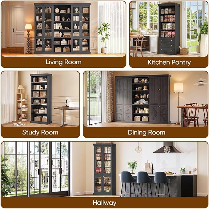 70.8" Tall Black Bookshelf with Glass Doors, Farmhouse Modular Bookcase with 6-Tier Adjustable Shelves, Large Storage Cabinet for Home Office, Living Room, Set of 3